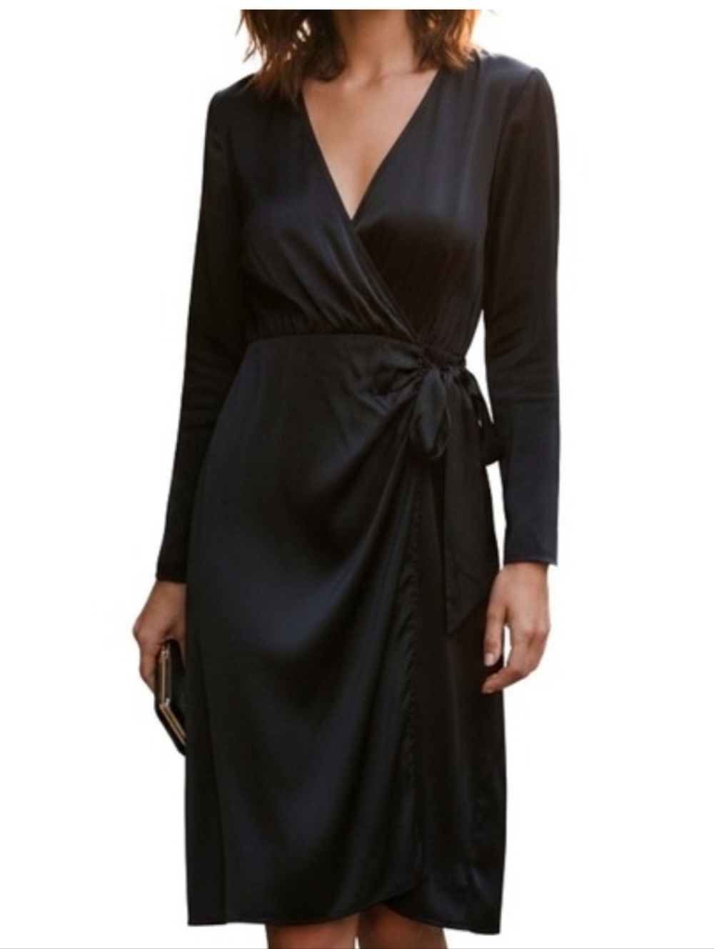 Womens H&M wrap dress size M NWT black Satin Midi Minimalist